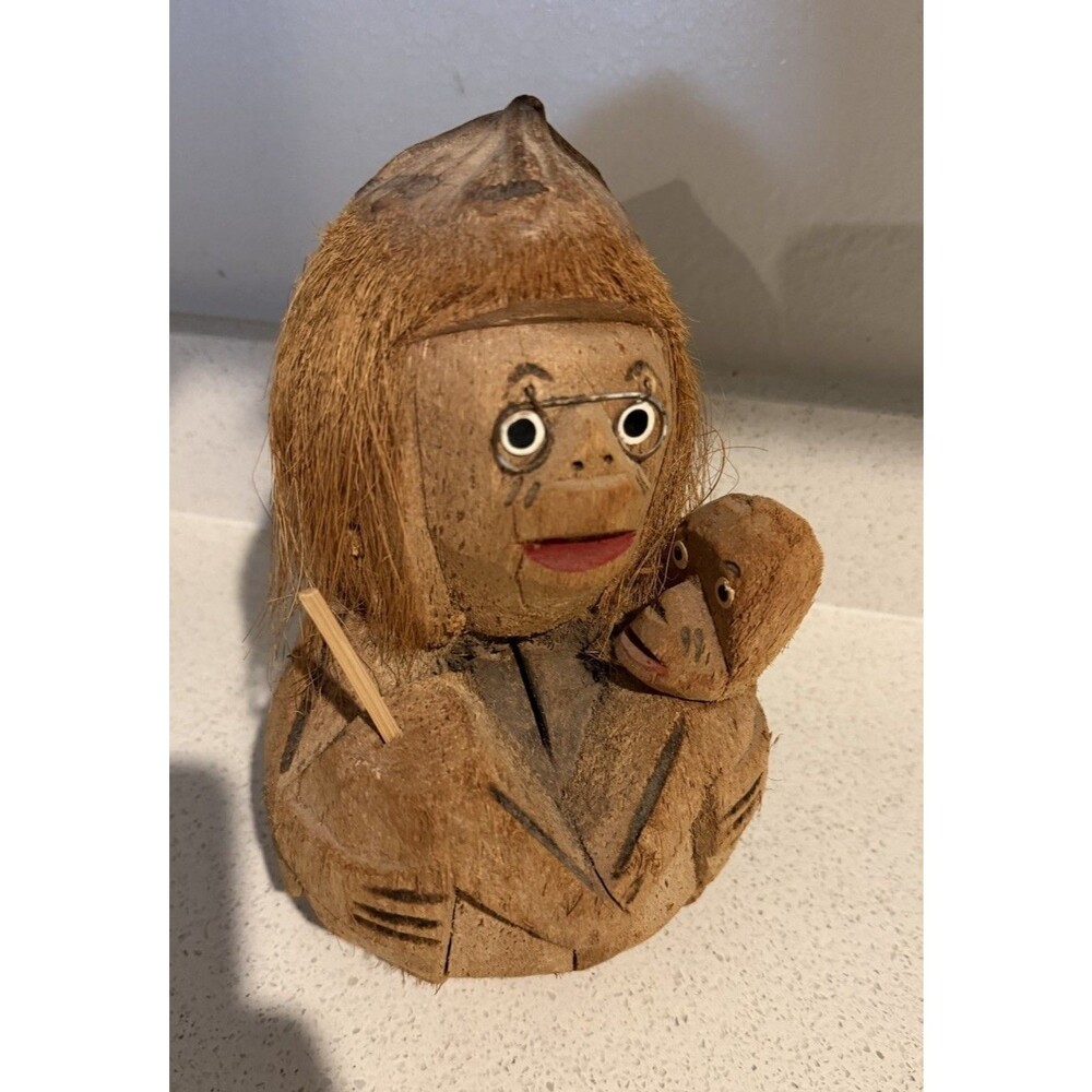 Vintage Hand Carved Tiki Monkey Piggy Bankmother And Baby